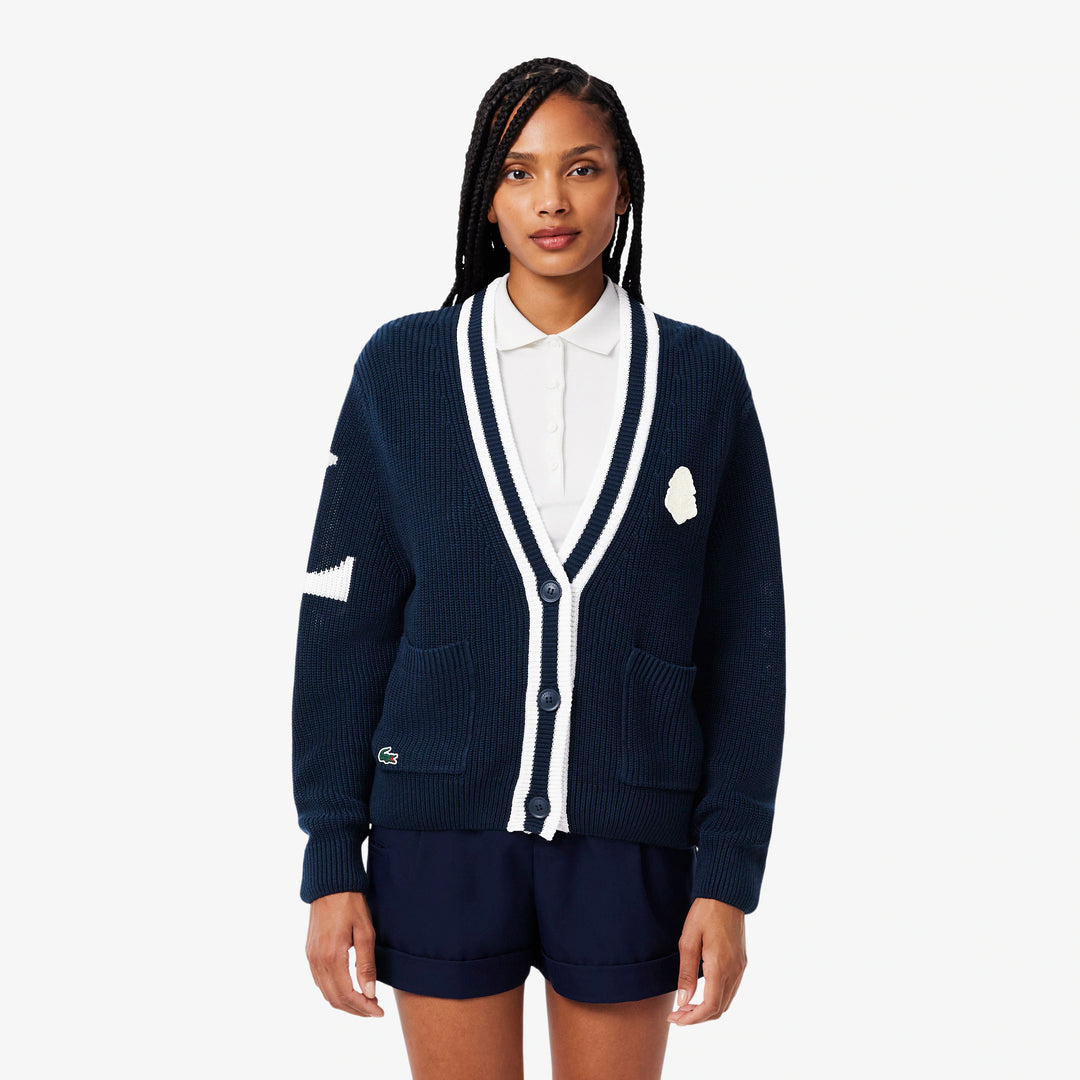 Cardigan de Golf en Maille Perlée Femme Lacoste - Bleu marine / Blanc - 38