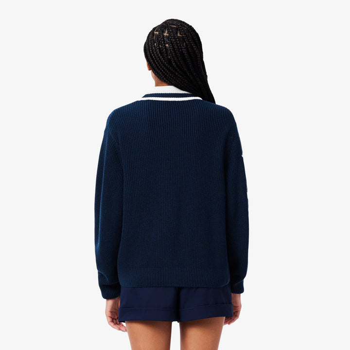 Cardigan de Golf en Maille Perlée Femme Lacoste - Bleu marine / Blanc - 42