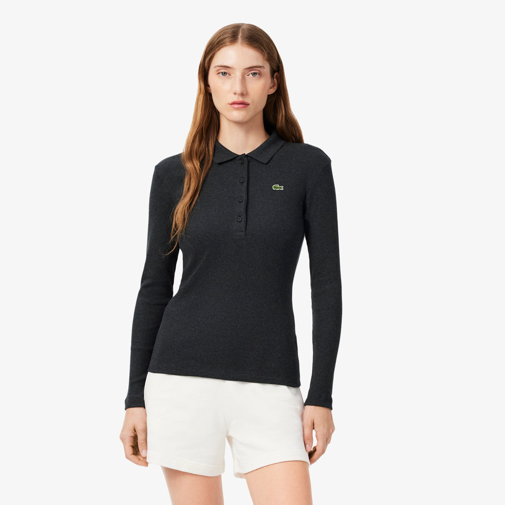 Polo Femme L.12.D Slim Fit Coton Côtelé Manches Longues Lacoste - Gris chiné - 36