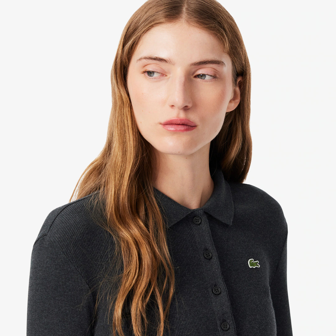 Polo Femme L.12.D Slim Fit Coton Côtelé Manches Longues Lacoste - Gris chiné - 38