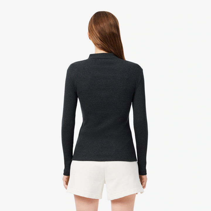 Polo Femme L.12.D Slim Fit Coton Côtelé Manches Longues Lacoste - Gris chiné - 40