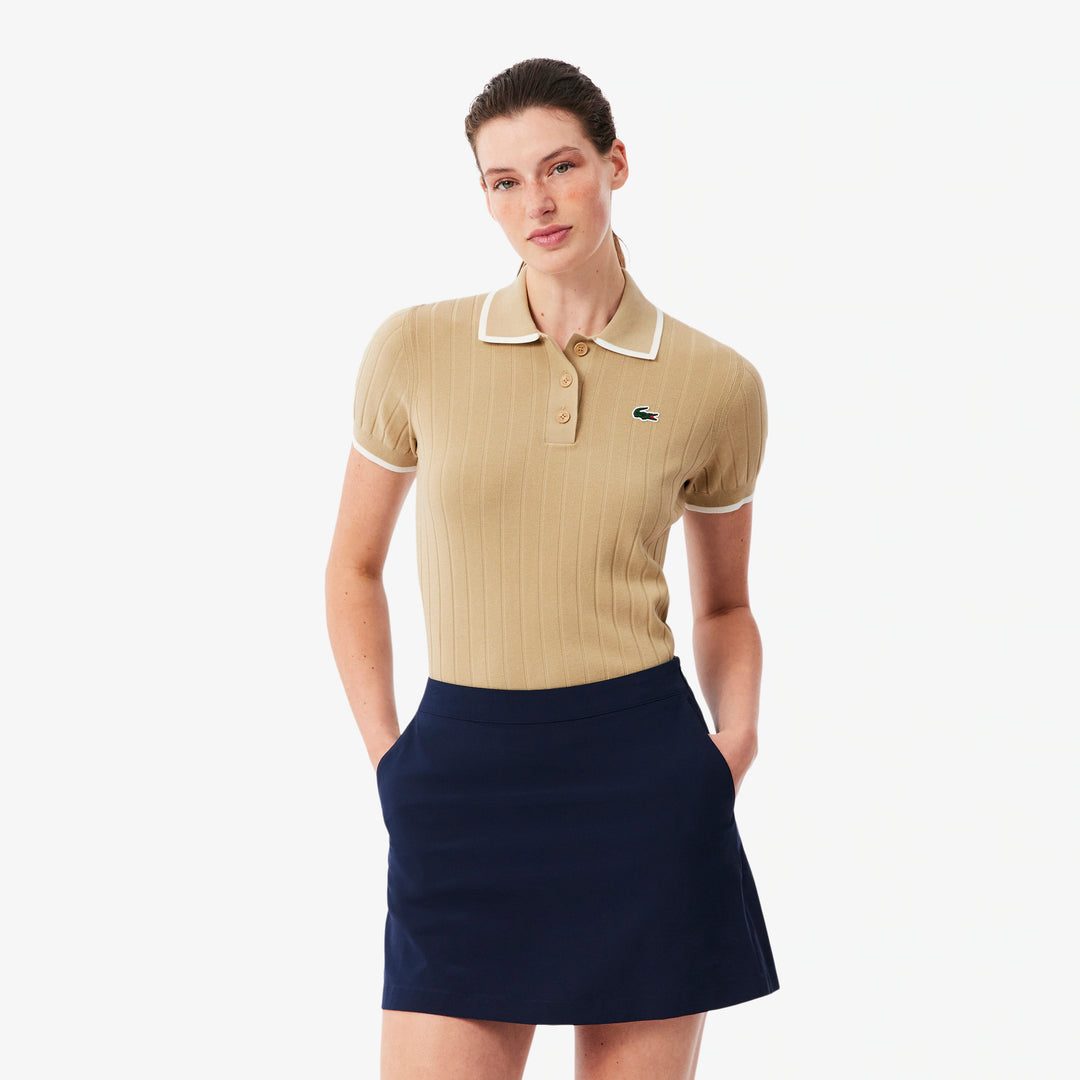 Pull de Golf Femme Col Polo Manches Courtes Lacoste - Beige / Blanc - 36