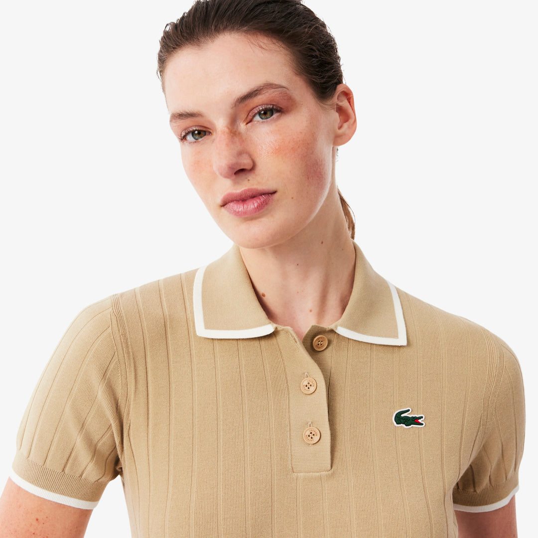 Pull de Golf Femme Col Polo Manches Courtes Lacoste - Beige / Blanc - 38