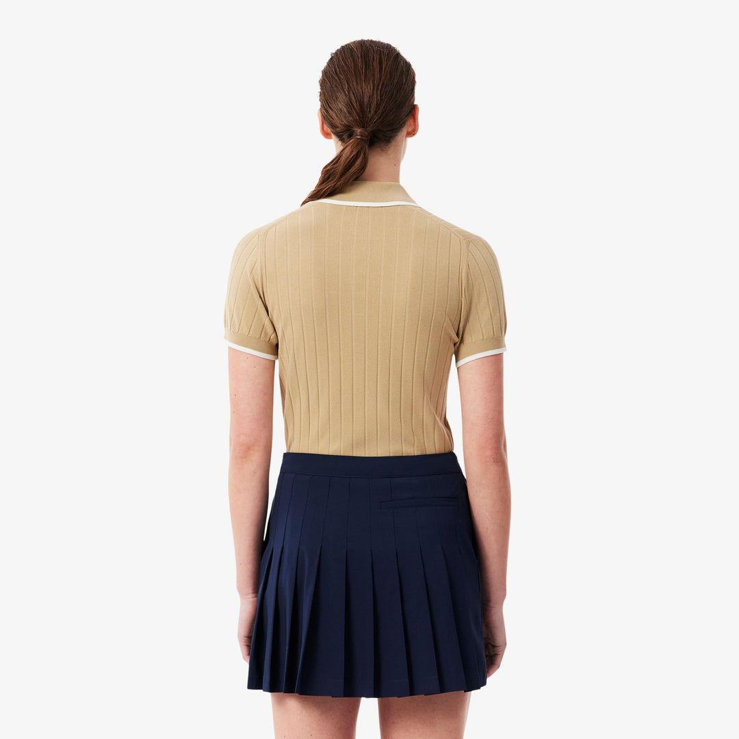 Pull de Golf Femme Col Polo Manches Courtes Lacoste - Beige / Blanc - 42