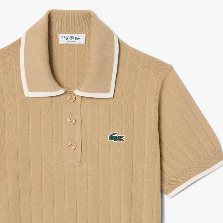 Pull de Golf Femme Col Polo Manches Courtes Lacoste - Beige / Blanc - 44